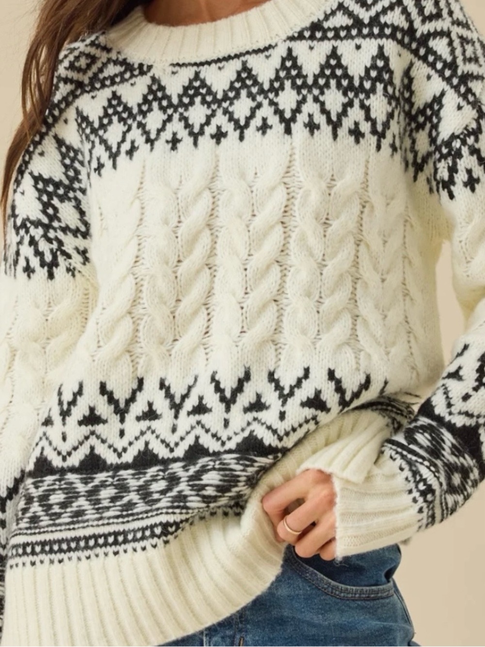Altar'd State Cream & Black Fair Isle Cable Knit Sweater